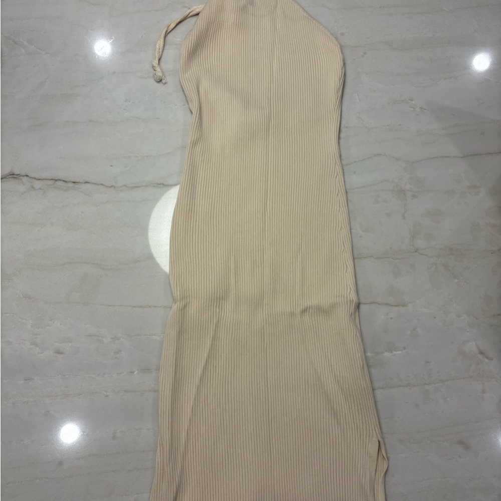 Pink Lily One-Shoulder Ribbed Maxi Dress in Beige